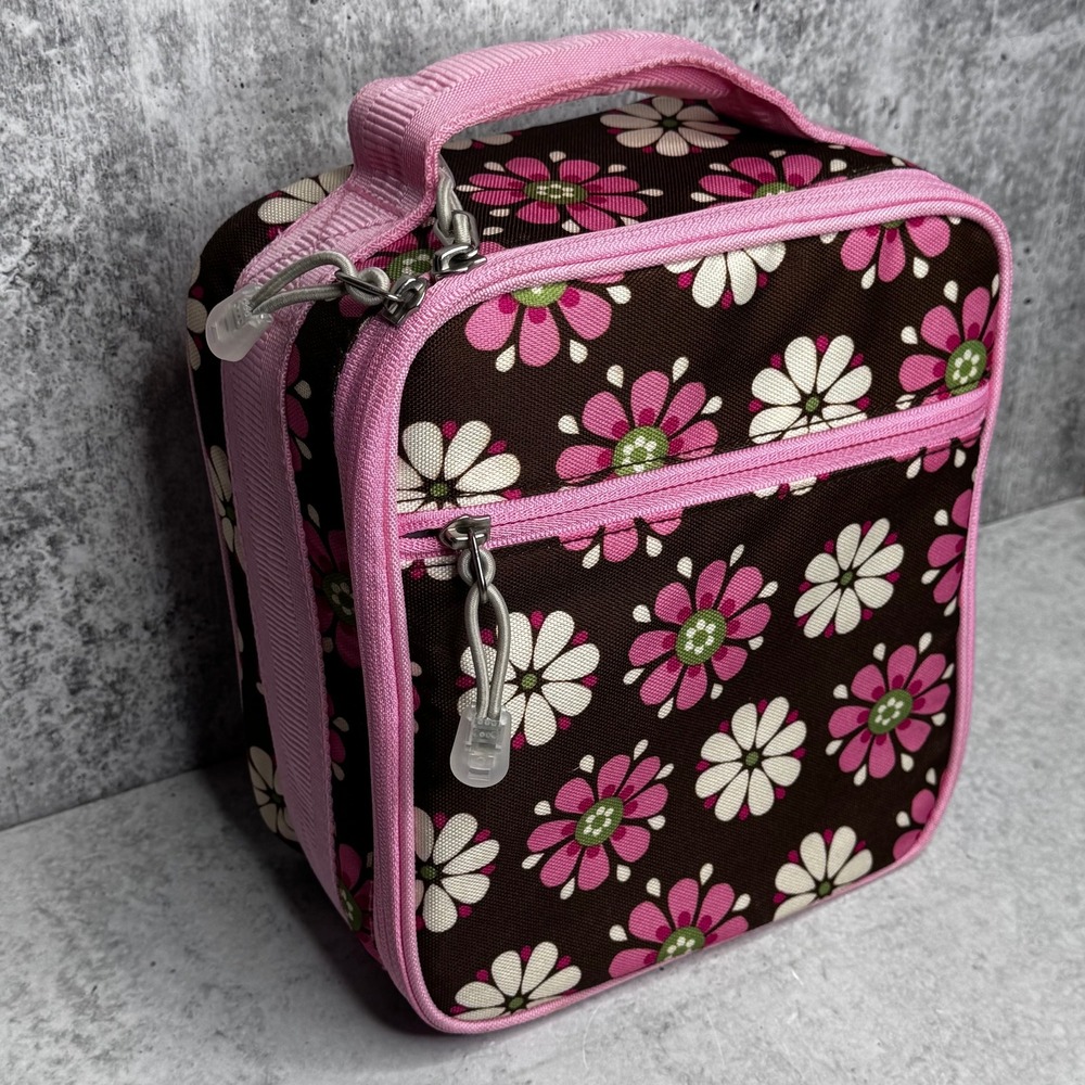 Pottery Barn Kids Mackenzie Insulated Lunch Box Brown Pink Floral Daisy Print